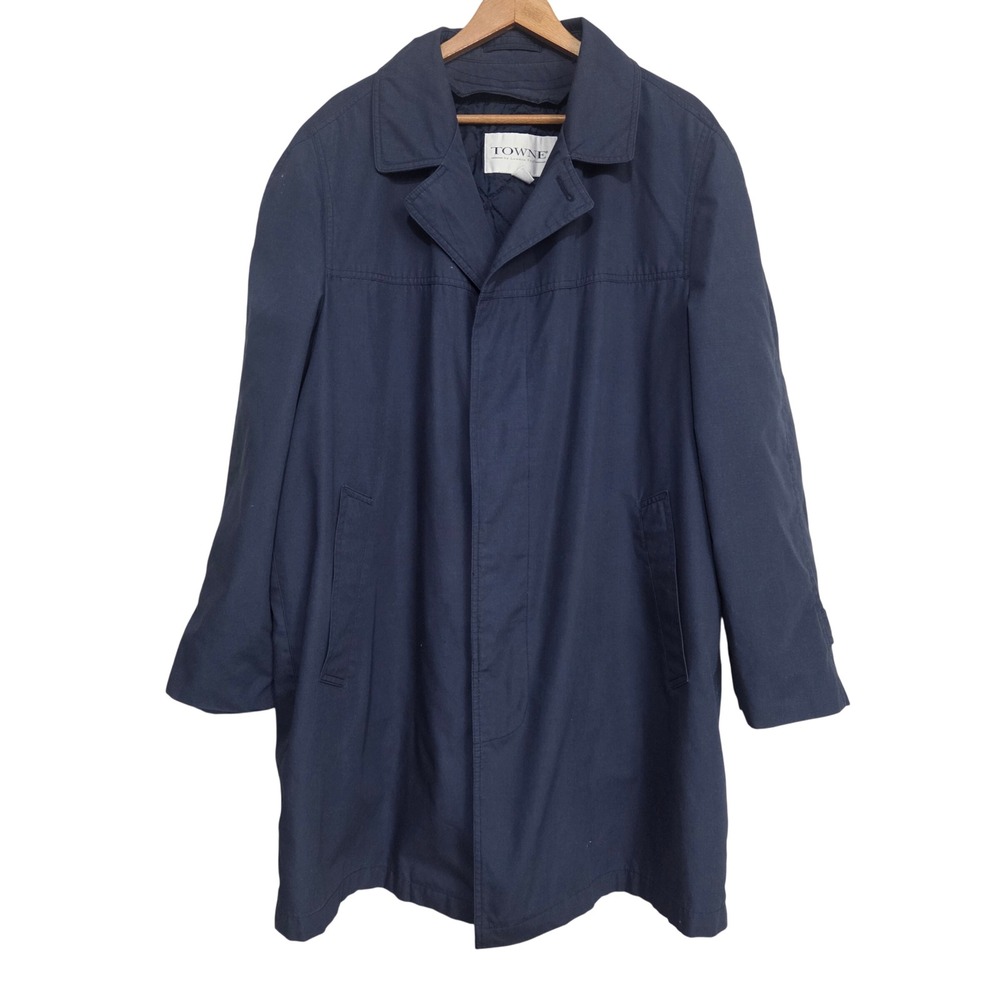 Towne by London Fog Navy Blue Trench Coat Mens XL 46 Reg Removable Liner Jacket